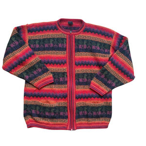Alpaca Sweater Cardigan Multi Color Fair Isle Full Zip Zipper Sz L/XL